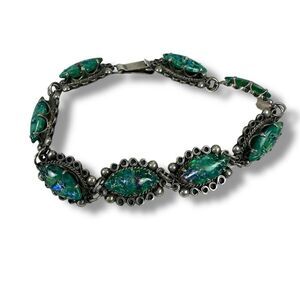 Vintage Silver Cabochon‎ Link Bracelet Artsy Green Sparkle Southwestern Tribal